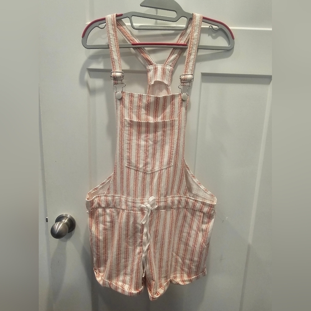 Est 1946 Red White Baseball Print Striped Drawstring Short Overall Small